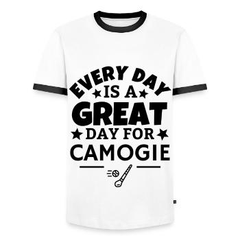 Every day is a great day for camogie. - Men's Ringer Shirt - white/black - Front - AI Model Female 172 light (172cm) & AI Model Male 178 dark (178cm)