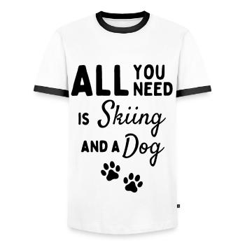 Tout ce dont vous avez besoin est le ski et un chien. - T-shirt contrasté Homme - blanc/noir - Devant - AI Model Female 172 light (172cm) & AI Model Male 178 dark (178cm)