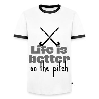 Hockey : la vie est meilleure sur le terrain - T-shirt contrasté Homme - blanc/noir - Devant - AI Model Female 172 light (172cm) & AI Model Male 178 dark (178cm)