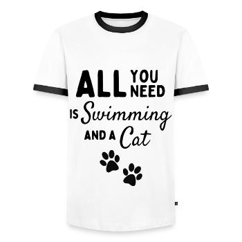 Tout ce dont vous avez besoin est de nager et d’un chat. - T-shirt contrasté Homme - blanc/noir - Devant - AI Model Female 172 light (172cm) & AI Model Male 178 dark (178cm)