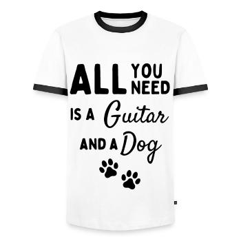 Tout ce dont vous avez besoin est une guitare et un chien. - T-shirt contrasté Homme - blanc/noir - Devant - AI Model Female 172 light (172cm) & AI Model Male 178 dark (178cm)