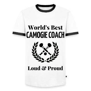 World's best camogie coach. - Men's Ringer Shirt - white/black - Front - AI Model Female 172 light (172cm) & AI Model Male 178 dark (178cm)