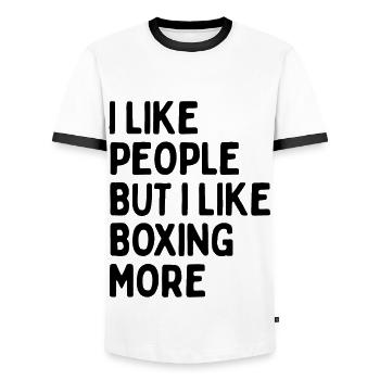 I like people BUT I like boxing more - Men's Ringer Shirt - white/black - Front - AI Model Female 172 light (172cm) & AI Model Male 178 dark (178cm)