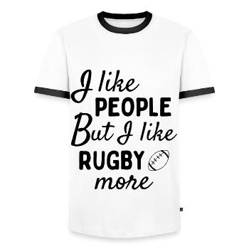 I like people BUT I like rugby more - Men's Ringer Shirt - white/black - Front - AI Model Female 172 light (172cm) & AI Model Male 178 dark (178cm)