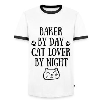 Baker by day. Cat lover by night. - Men's Ringer Shirt - white/black - Front - AI Model Female 172 light (172cm) & AI Model Male 178 dark (178cm)