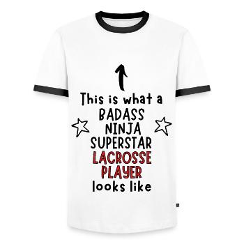 C’est ce qu’un Badass, Ninja, Superstar, Lacrosse - T-shirt contrasté Homme - blanc/noir - Devant - AI Model Female 172 light (172cm) & AI Model Male 178 dark (178cm)