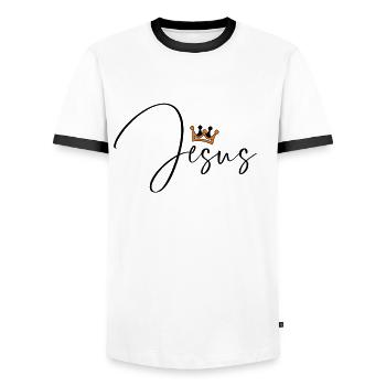 Jesus - Christlich - Jesus mein König - Männer Kontrast-T-Shirt - Weiß/Schwarz - Vorne - AI Model Female 172 light (172cm) & AI Model Male 178 dark (178cm)