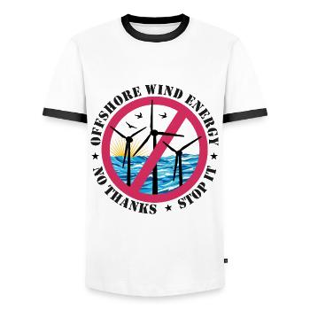 Offshore Wind Energy No Thanks, Stop it - Men's Ringer Shirt - white/black - Front - AI Model Female 172 light (172cm) & AI Model Male 178 dark (178cm)