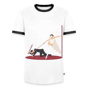 JGA Married – Game Over Bride – Bachelor - Men's Ringer Shirt - white/black - Front - AI Model Female 172 light (172cm) & AI Model Male 178 dark (178cm)