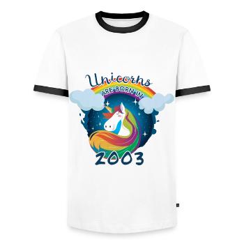 Einhörner wurden 2003 geboren - Männer Kontrast-T-Shirt - Weiß/Schwarz - Vorne - AI Model Female 172 light (172cm) & AI Model Male 178 dark (178cm)