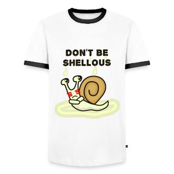Don't be shellous, Funny Snail Pun - Men's Ringer Shirt - white/black - Front - AI Model Female 172 light (172cm) & AI Model Male 178 dark (178cm)