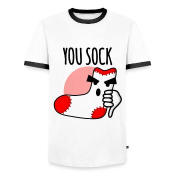 Du Socke, du saugst Socken lustiges Wortspiel - Männer Kontrast-T-Shirt - Weiß/Schwarz - Vorne - AI Model Female 172 light (172cm) & AI Model Male 178 dark (178cm)