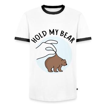 Hold My Bear : Hold My Beer Pun Quote - Men's Ringer Shirt - white/black - Front - AI Model Female 172 light (172cm) & AI Model Male 178 dark (178cm)