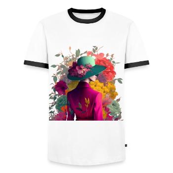 Model mit Hut und Blumen Geschenk - Männer Kontrast-T-Shirt - Weiß/Schwarz - Vorne - AI Model Female 172 light (172cm) & AI Model Male 178 dark (178cm)