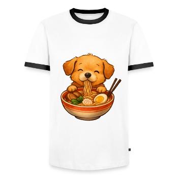 Mignon petit chien mangeant des nouilles ramen dans un bol - T-shirt contrasté Homme - blanc/noir - Devant - AI Model Female 172 light (172cm) & AI Model Male 178 dark (178cm)