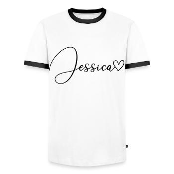 Jessica Nom de famille Prénom Fille - T-shirt contrasté Homme - blanc/noir - Devant - AI Model Female 172 light (172cm) & AI Model Male 178 dark (178cm)