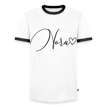 Nora Nom de famille Prénom Fille - T-shirt contrasté Homme - blanc/noir - Devant - AI Model Female 172 light (172cm) & AI Model Male 178 dark (178cm)