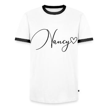 Nancy Nom de famille Prénom Fille - T-shirt contrasté Homme - blanc/noir - Devant - AI Model Female 172 light (172cm) & AI Model Male 178 dark (178cm)