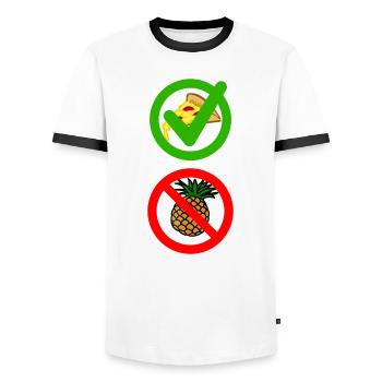 Anti Hawaii-Pizza Shirt - Männer Kontrast-T-Shirt - Weiß/Schwarz - Vorne - AI Model Female 172 light (172cm) & AI Model Male 178 dark (178cm)