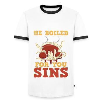 Flying spaghetti monster - Men's Ringer Shirt - white/black - Front - AI Model Female 172 light (172cm) & AI Model Male 178 dark (178cm)
