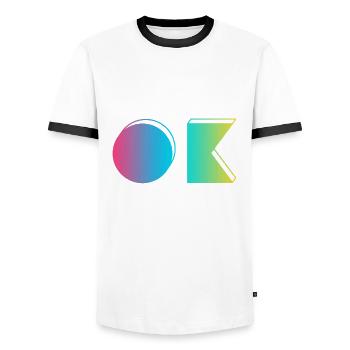 OK - Okay - 80s Style - Men's Ringer Shirt - white/black - Front - AI Model Female 172 light (172cm) & AI Model Male 178 dark (178cm)