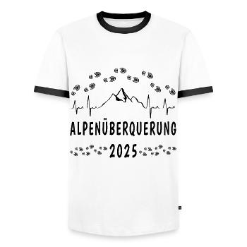 Alpenüberquerung zu Fuß - E5 - Herzschlag - 2025 - Männer Kontrast-T-Shirt - Weiß/Schwarz - Vorne - AI Model Female 172 light (172cm) & AI Model Male 178 dark (178cm)