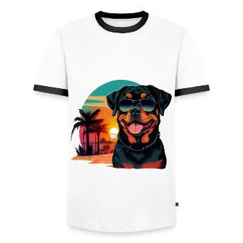 Rottweilers on the beach with sunglasses - Men's Ringer Shirt - white/black - Front - AI Model Female 172 light (172cm) & AI Model Male 178 dark (178cm)