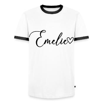 Emelie Nom de famille Prénom Fille - T-shirt contrasté Homme - blanc/noir - Devant - AI Model Female 172 light (172cm) & AI Model Male 178 dark (178cm)