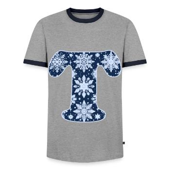 Buchstabe T Schneeflocken - Männer Kontrast-T-Shirt - Grau/Navy  - Vorne - AI Model Female 172 light (172cm) & AI Model Male 178 light (178cm)