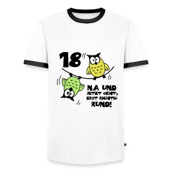 18 birthday, owls on the rope, round - Men's Ringer Shirt - white/black - Front - AI Model Female 172 light (172cm) & AI Model Male 178 dark (178cm)