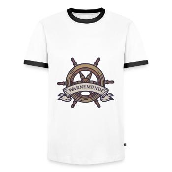 Steuerrad Warnemünde Ostsee mit Leuchtturm - Männer Kontrast-T-Shirt - Weiß/Schwarz - Vorne - AI Model Female 172 light (172cm) & AI Model Male 178 dark (178cm)