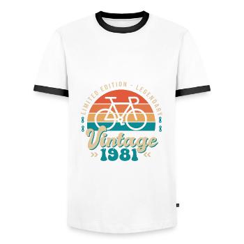 1981 Anniversary cycling bike Born in 1981 - Men's Ringer Shirt - white/black - Front - AI Model Female 172 light (172cm) & AI Model Male 178 dark (178cm)
