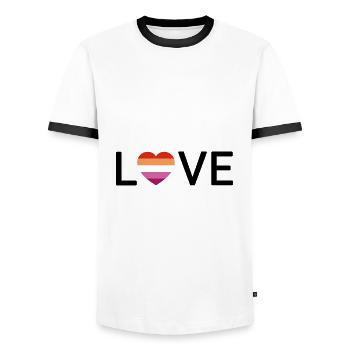 « LOVE » Cœur Fierté lesbienne | Police noire - T-shirt contrasté Homme - blanc/noir - Devant - AI Model Female 172 light (172cm) & AI Model Male 178 dark (178cm)