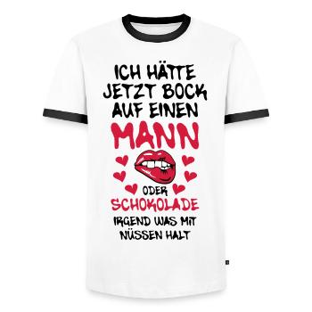 68 Ich hätte jetzt Bock auf Mann oder Schokolade - Männer Kontrast-T-Shirt - Weiß/Schwarz - Vorne - AI Model Female 172 light (172cm) & AI Model Male 178 dark (178cm)