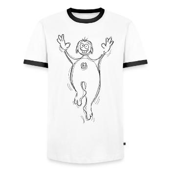 Kurby tanzt auf hellen Produkten, lacht, hüpft - Männer Kontrast-T-Shirt - Weiß/Schwarz - Vorne - AI Model Female 172 light (172cm) & AI Model Male 178 dark (178cm)