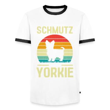 Hund Yorkie - Männer Kontrast-T-Shirt - Weiß/Schwarz - Vorne - AI Model Female 172 light (172cm) & AI Model Male 178 dark (178cm)