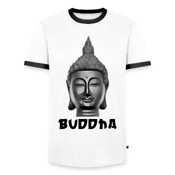 Buddha Buddhism Buddhist Spiritual - Men's Ringer Shirt - white/black - Front - AI Model Female 172 light (172cm) & AI Model Male 178 dark (178cm)