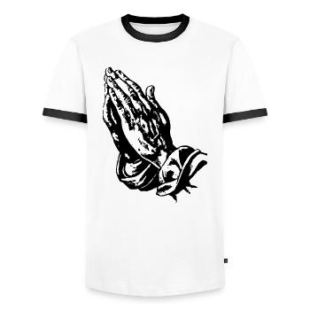 mains en prière - T-shirt contrasté Homme - blanc/noir - Devant - AI Model Female 172 light (172cm) & AI Model Male 178 dark (178cm)