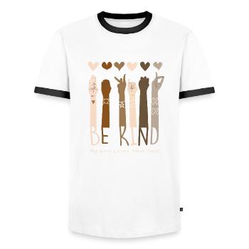Be Kind « My soul loves your soul » Philanthrope - T-shirt contrasté Homme - blanc/noir - Devant - AI Model Female 172 light (172cm) & AI Model Male 178 dark (178cm)