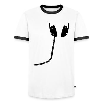 Headphones, headset, music, bass, sound, headphone - Men's Ringer Shirt - white/black - Front - AI Model Female 172 light (172cm) & AI Model Male 178 dark (178cm)