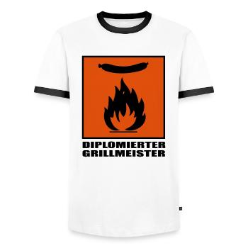 GRILLMEISTER - Männer Kontrast-T-Shirt - Weiß/Schwarz - Vorne - AI Model Female 172 light (172cm) & AI Model Male 178 dark (178cm)