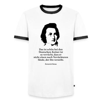 Heine: Das ist schön bei den Deutschen: Keiner is - Männer Kontrast-T-Shirt - Weiß/Schwarz - Vorne - AI Model Female 172 light (172cm) & AI Model Male 178 dark (178cm)