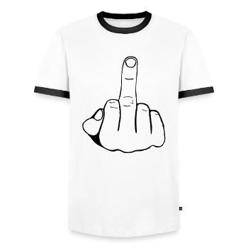 MITTELFINGER - FUCK YOU - STINKEFINGER - Männer Kontrast-T-Shirt - Weiß/Schwarz - Vorne - AI Model Female 172 light (172cm) & AI Model Male 178 dark (178cm)