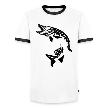 hecht_hechtsprung - Männer Kontrast-T-Shirt - Weiß/Schwarz - Vorne - AI Model Female 172 light (172cm) & AI Model Male 178 dark (178cm)