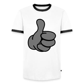 like_hand_02 - Men's Ringer Shirt - white/black - Front - AI Model Female 172 light (172cm) & AI Model Male 178 dark (178cm)
