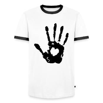 Stop Hand Right with Heart Print - Men's Ringer Shirt - white/black - Front - AI Model Female 172 light (172cm) & AI Model Male 178 dark (178cm)