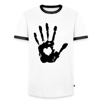 Stop Hand Left Heart Print - Men's Ringer Shirt - white/black - Front - AI Model Female 172 light (172cm) & AI Model Male 178 dark (178cm)