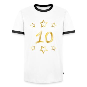 10 Jahre - Jubiläum - Männer Kontrast-T-Shirt - Weiß/Schwarz - Vorne - AI Model Female 172 light (172cm) & AI Model Male 178 dark (178cm)