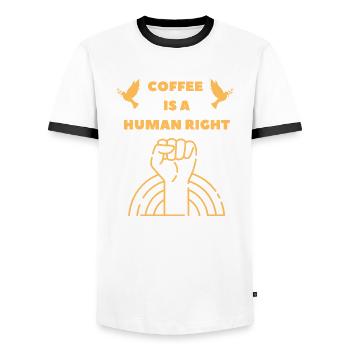 Le café est un droit humain - T-shirt contrasté Homme - blanc/noir - Devant - AI Model Female 172 light (172cm) & AI Model Male 178 dark (178cm)