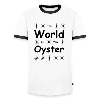 "The world is your oyster'' - Men's Ringer Shirt - white/black - Front - AI Model Female 172 light (172cm) & AI Model Male 178 dark (178cm)